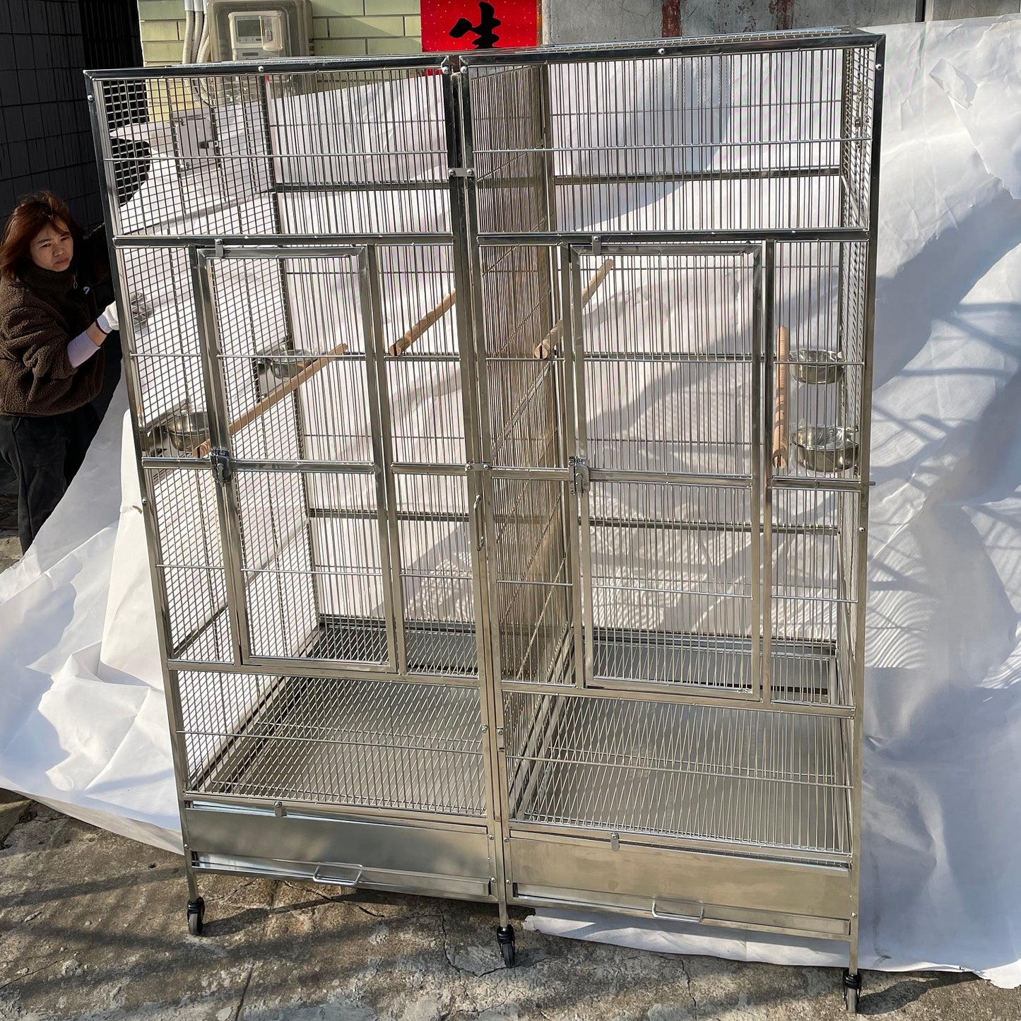 Stainless Steel SUS201 Square Top Twins Style Bird Cage Parrot Cage 56"x28"x75"
