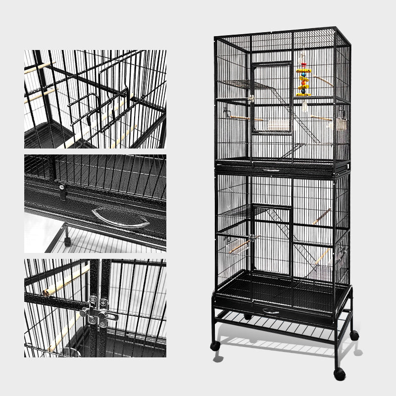 Black Vein Metal Bird Cage Double Style For Small Pet and Parrot 76x46x 190cm